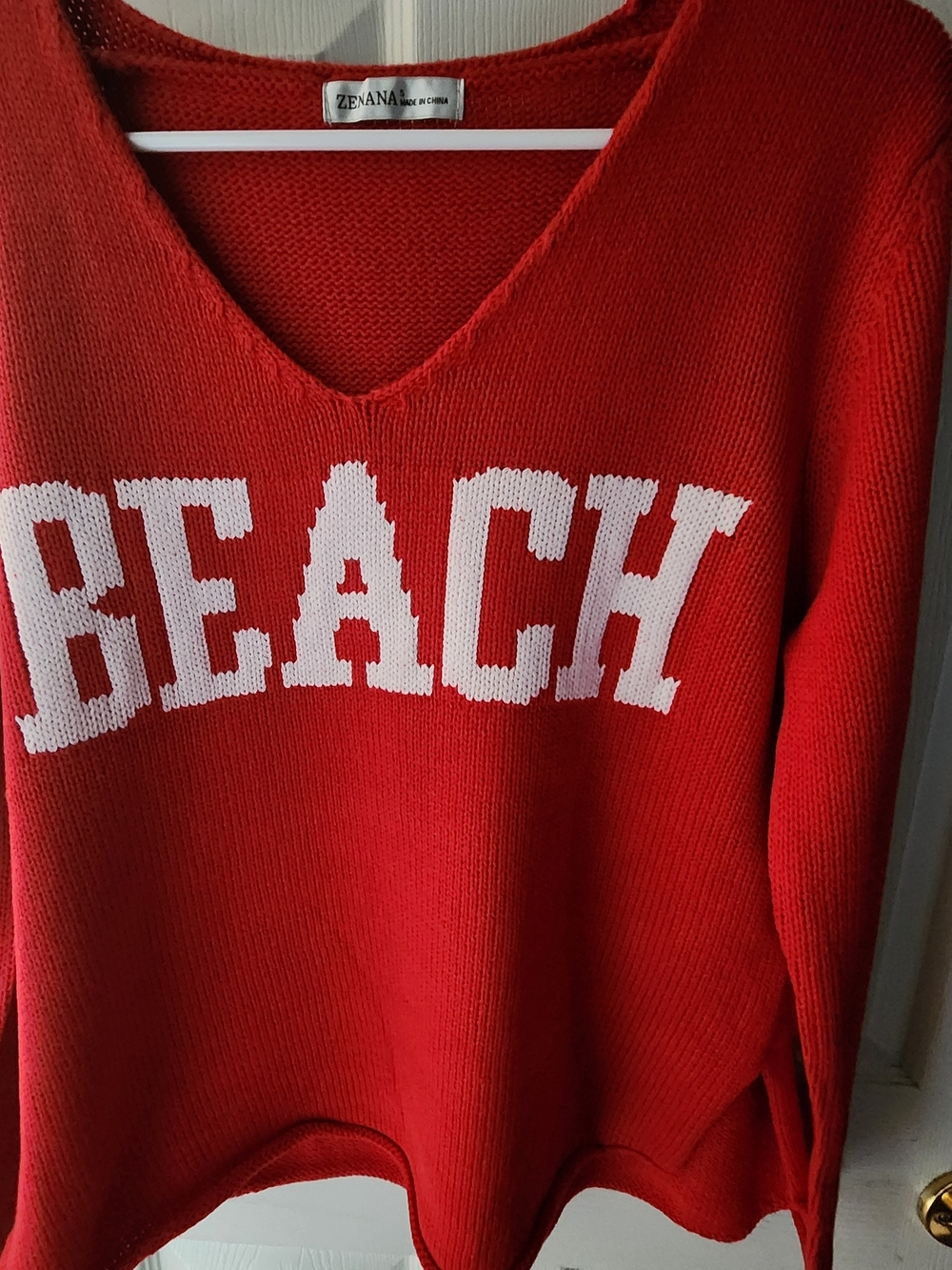 NEW Zenana Outfitters Red V-Neck 'BEACH' Sweater. - Picture 5 of 15